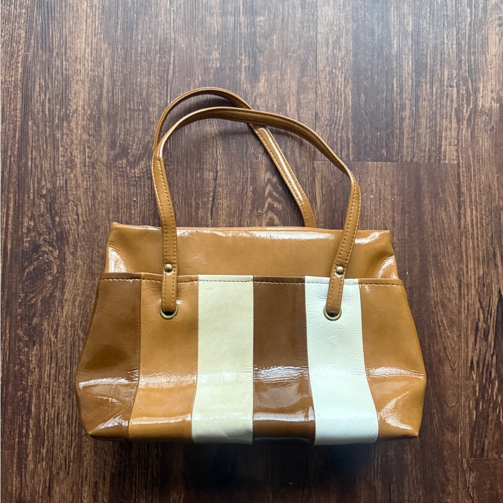 Vintage Style Brown Multi-Tone Striped Faux Patent Leather Shoulder Bag